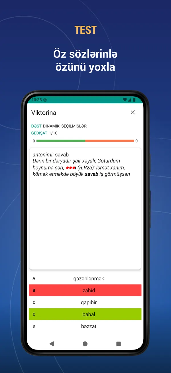 Azerbaijani Antonyms Dictionary: quiz screen