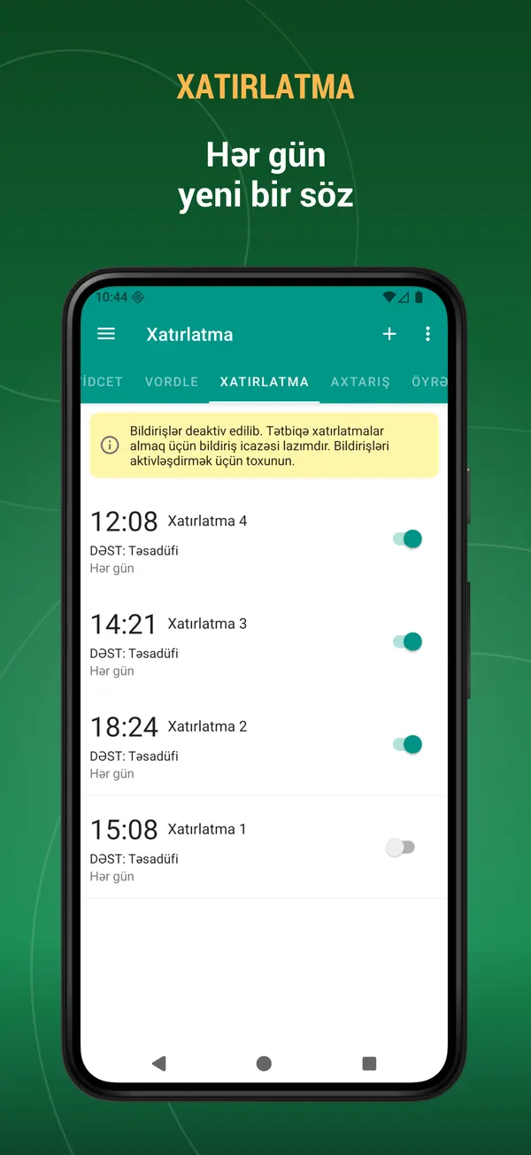 Arabic and Persian Words in Azerbaijani: reminder screen