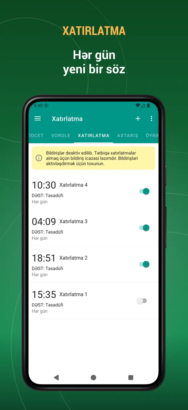Azerbaijani Dialect Dictionary: reminder screen