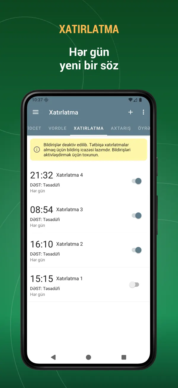 Azerbaijani English Dictionary: reminder screen