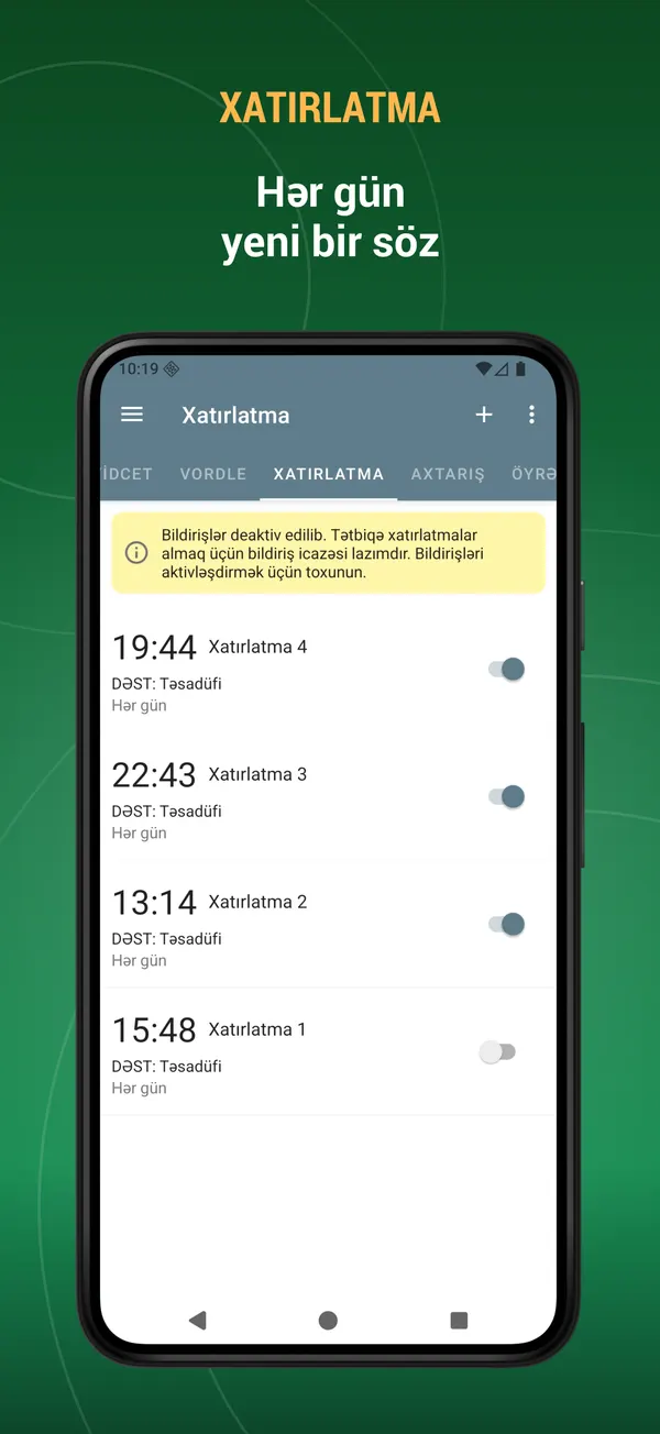 Azerbaijani Dictionary: reminder screen