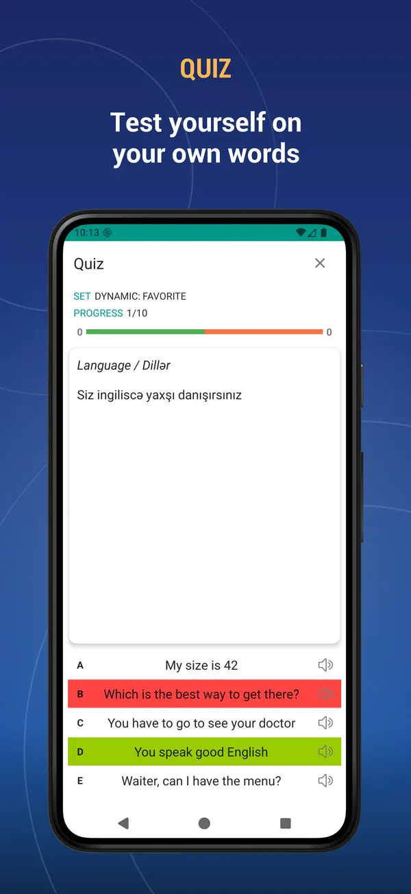Azerbaijani Phrasebook: quiz screen