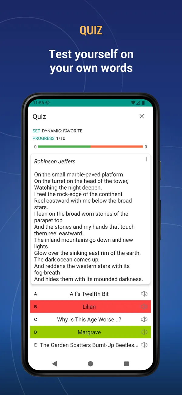 English Poems and Poets: quiz screen