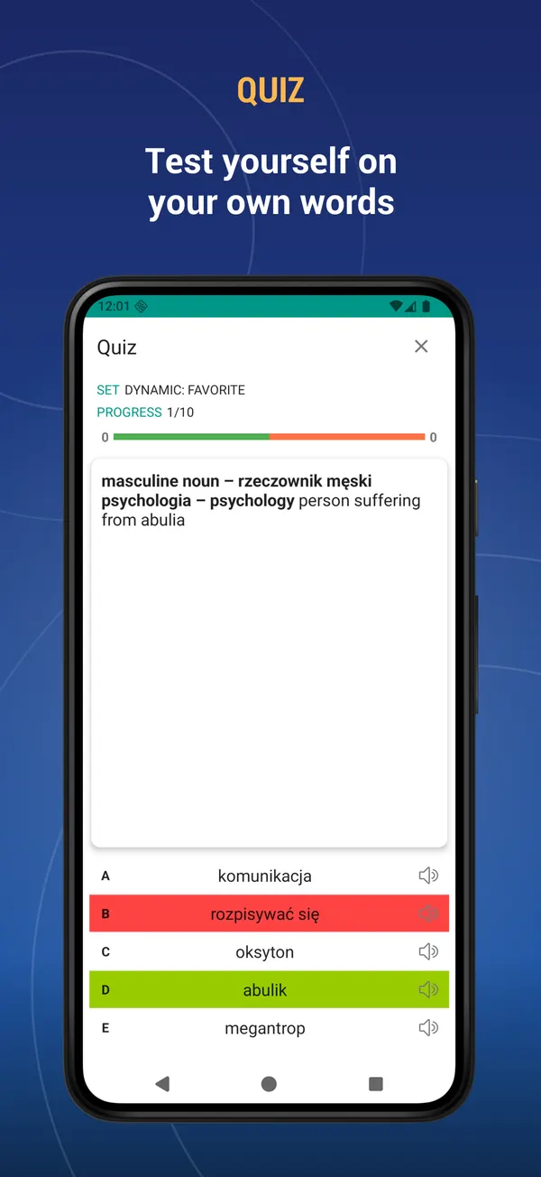 English Polish Dictionary: quiz screen
