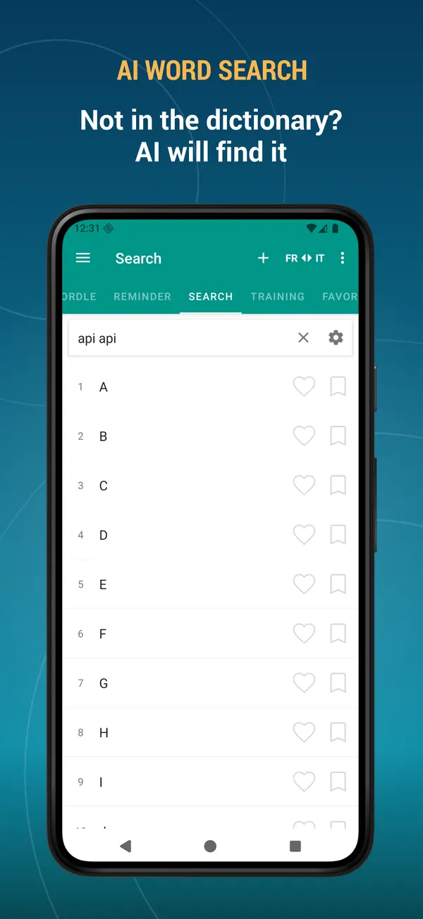 French Italian Dictionary: ai search screen