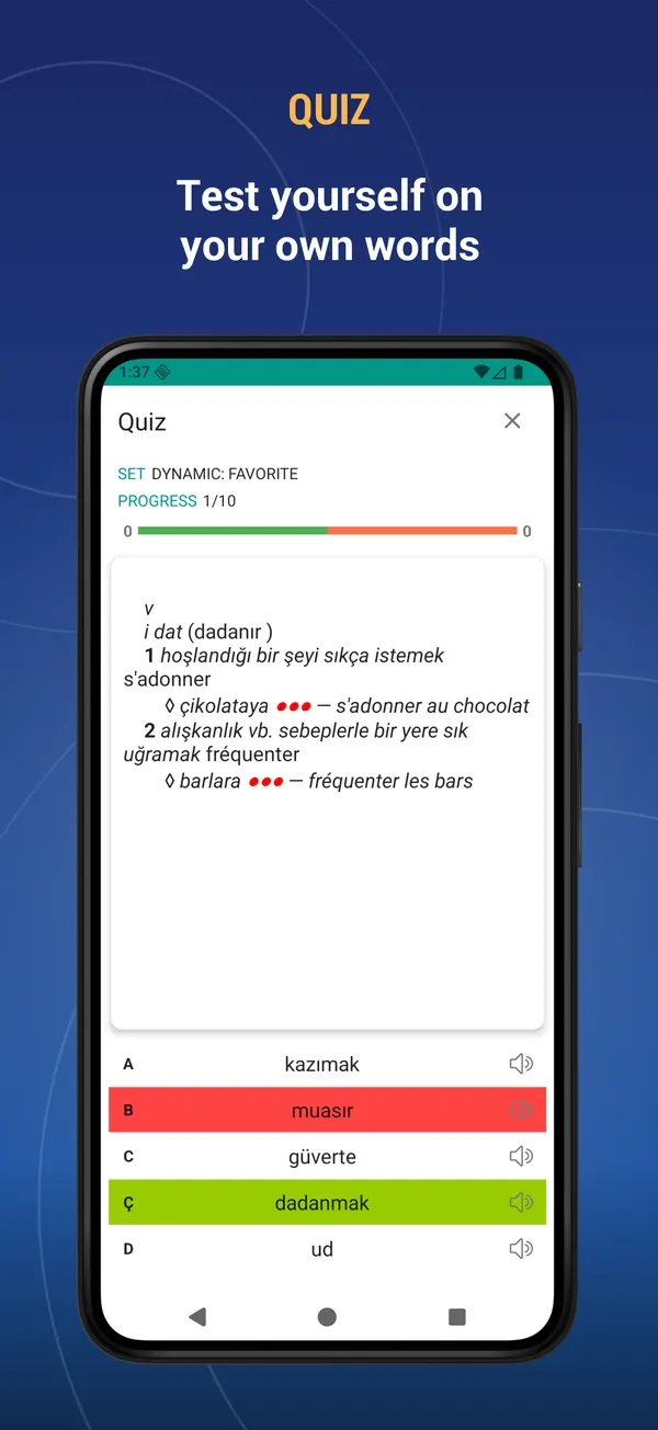 French Turkish Dictionary: quiz screen