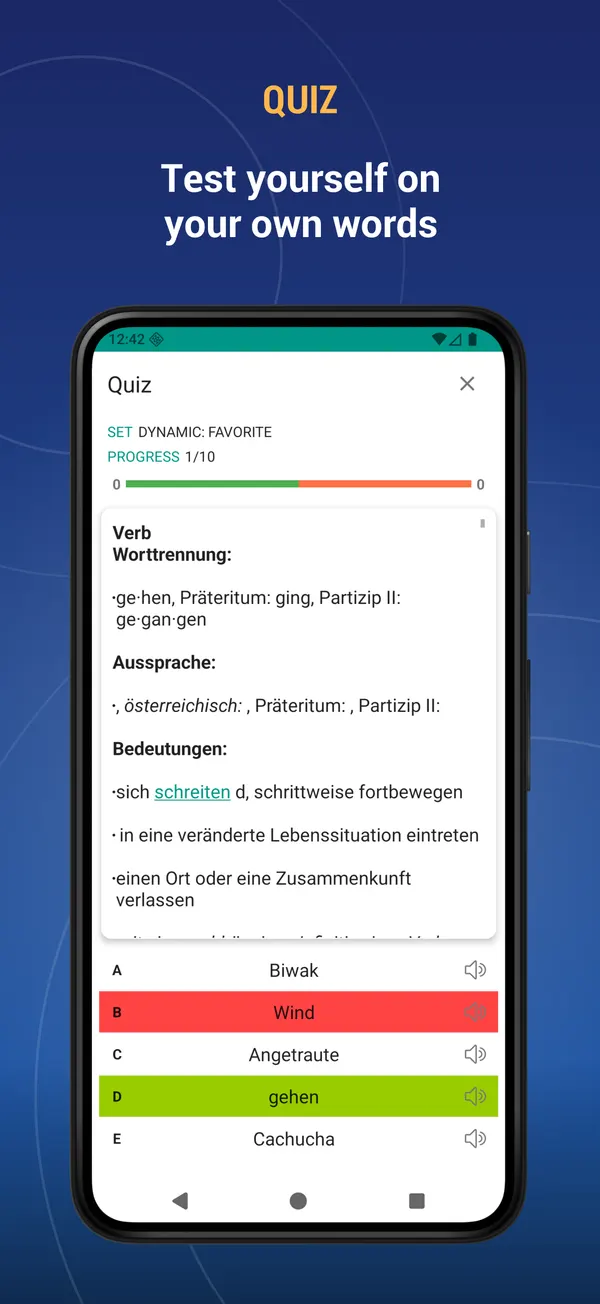 German Explanatory Dictionary: quiz screen