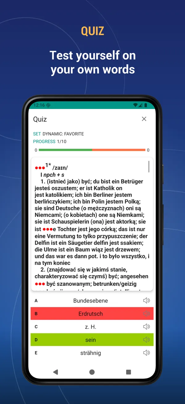 German Polish Dictionary: quiz screen