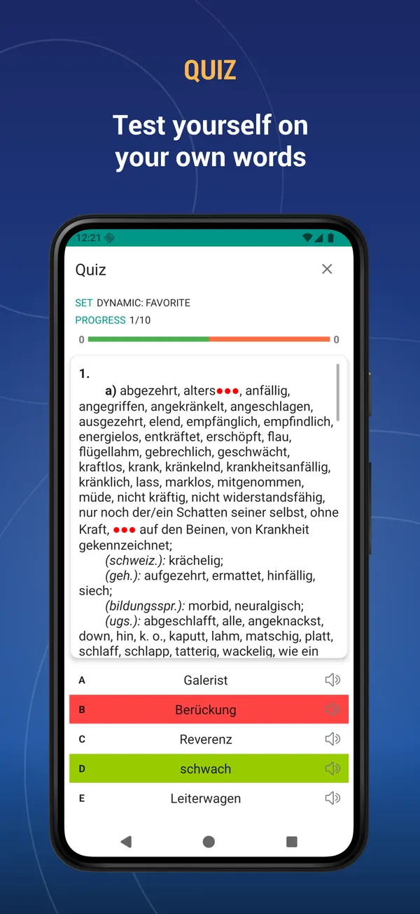 German Thesaurus: quiz screen