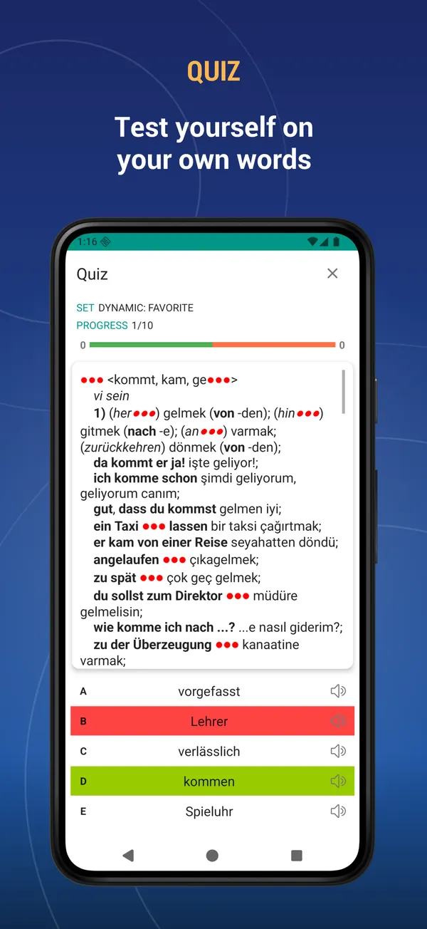 German Turkish Dictionary: quiz screen