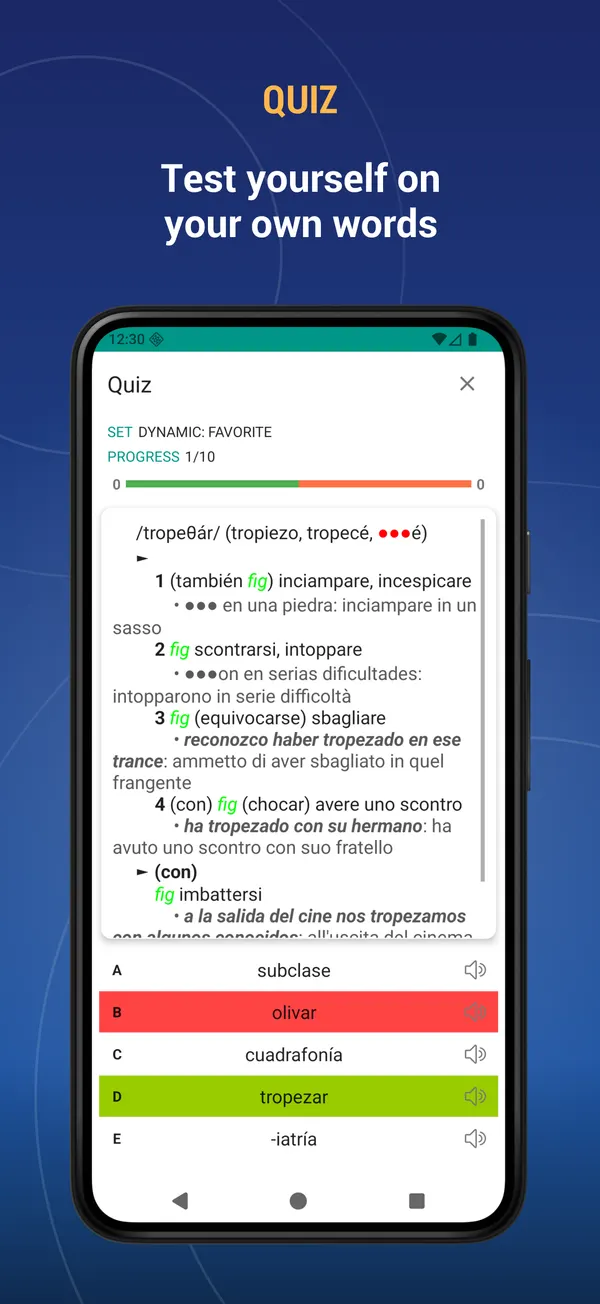 Spanish Italian Dictionary: quiz screen