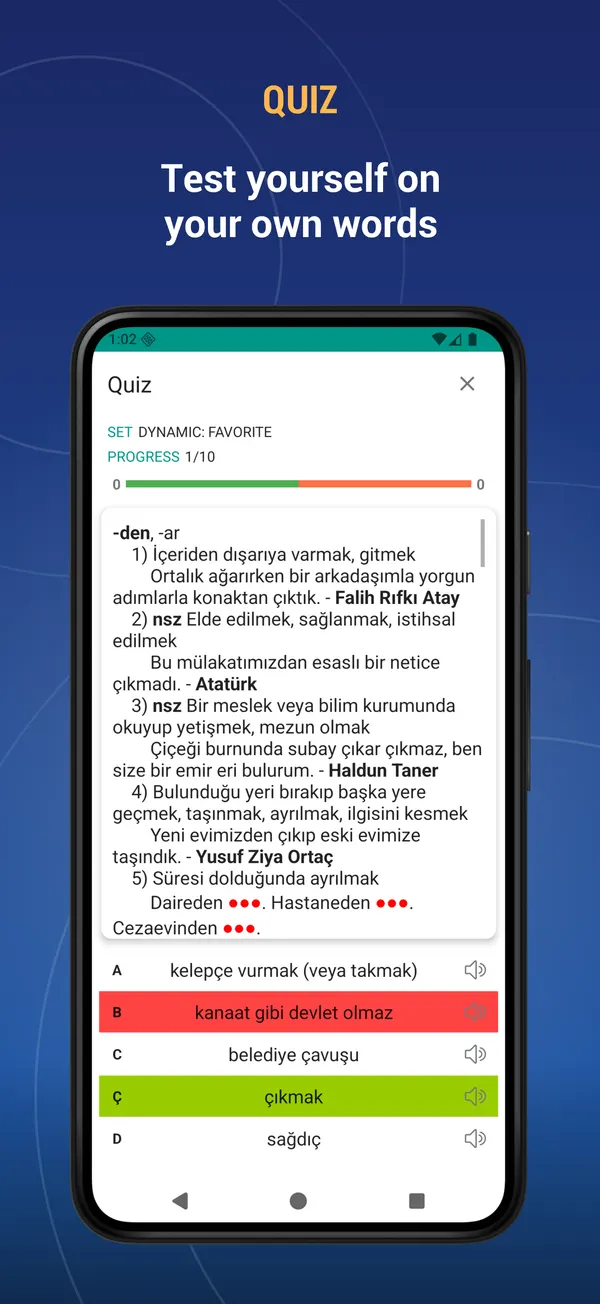 Turkish Explanatory Dictionary: quiz screen