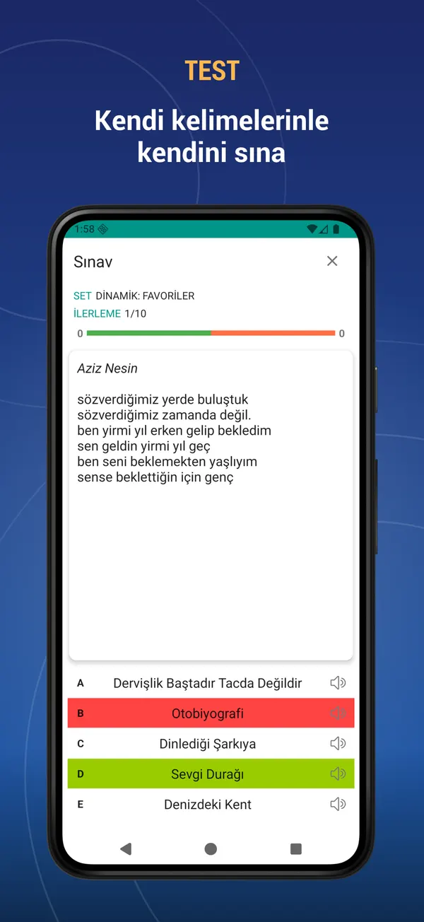Turkish Poems: quiz screen
