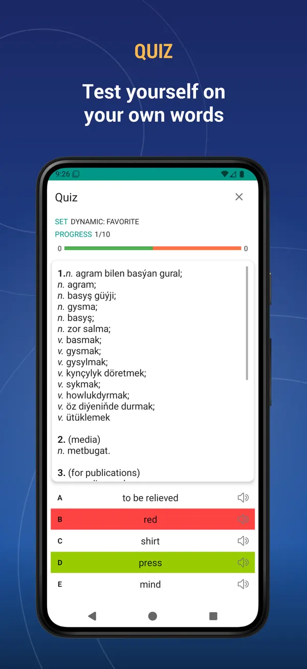 Turkmen English Dictionary: quiz screen